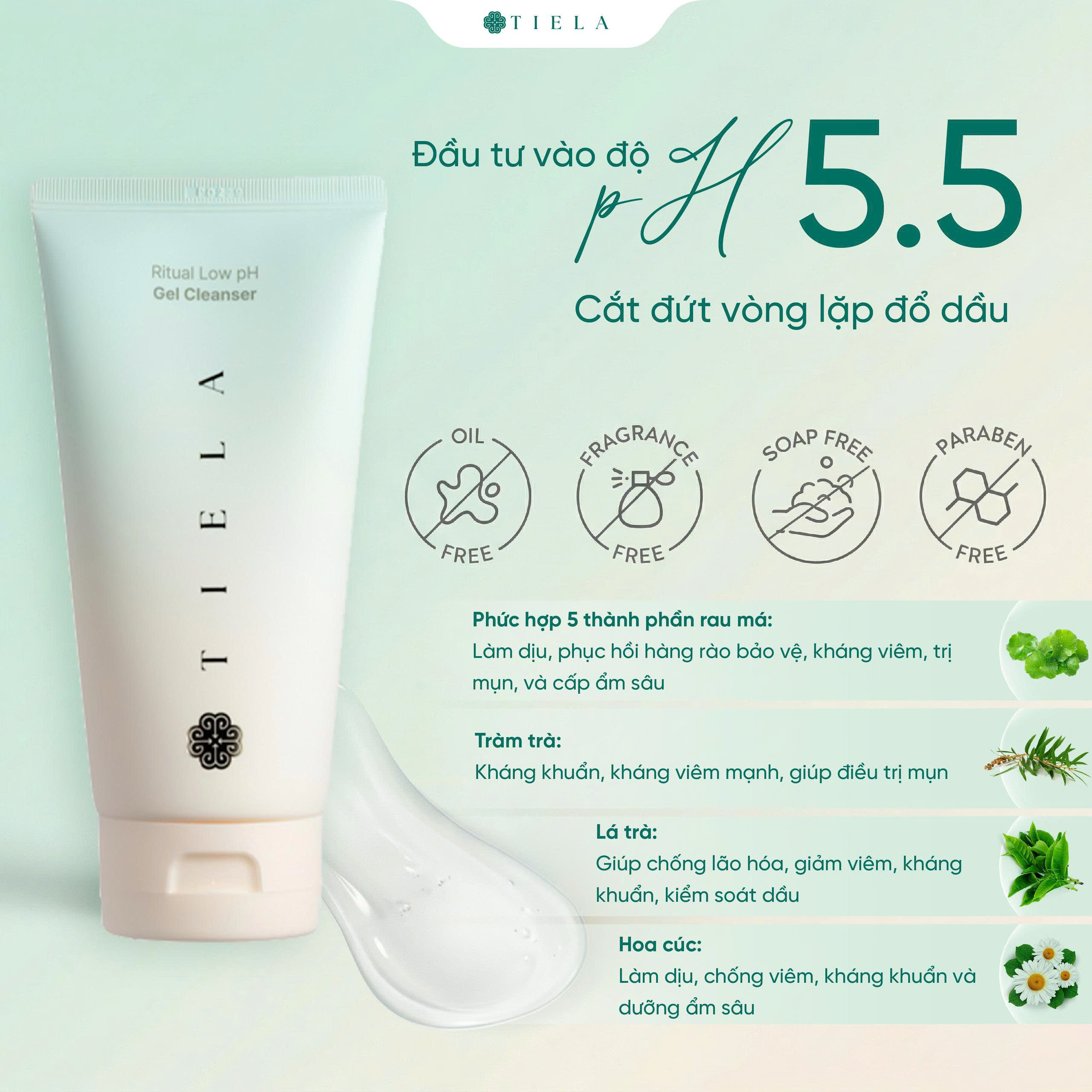 Sữa Rửa Mặt Dạng Gel Sạch Sâu Kiềm Dầu TIELA Ritual Low Gel Cleanser